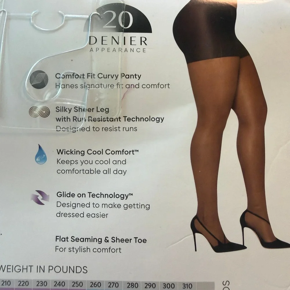Hanes Curves Silky Sheer Control Top Pantyhose Black 1X/2X HSP002 20 Denier‎ NIP